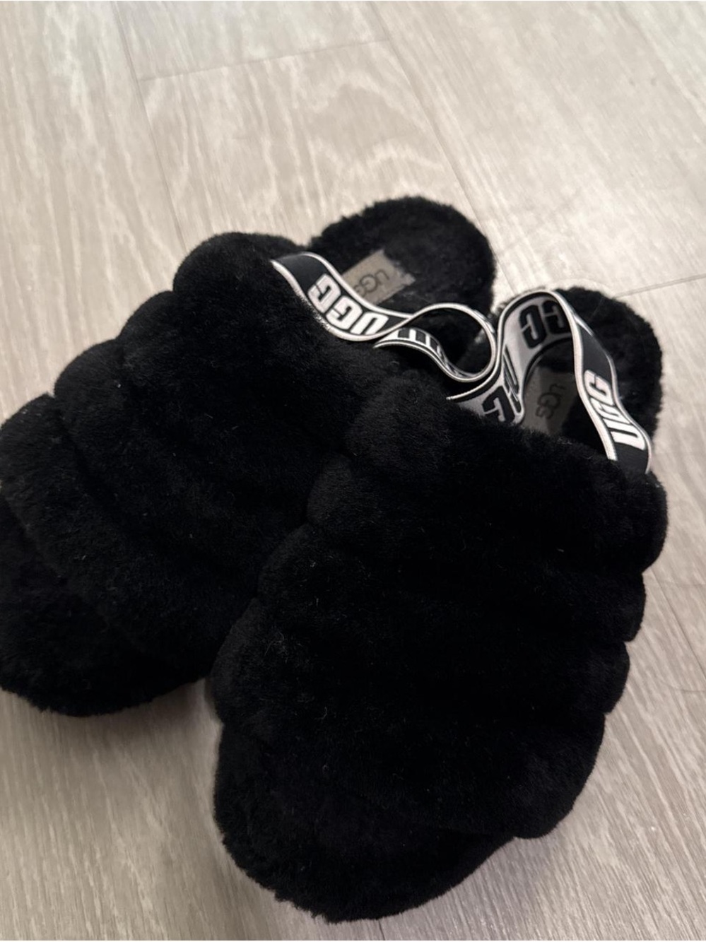 UGG Black Fluff Slide Sandals with Branded Elastic Heel